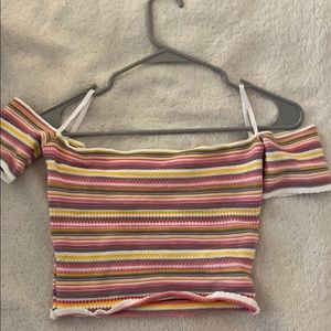 multi colored striped cropped off the shoulder top